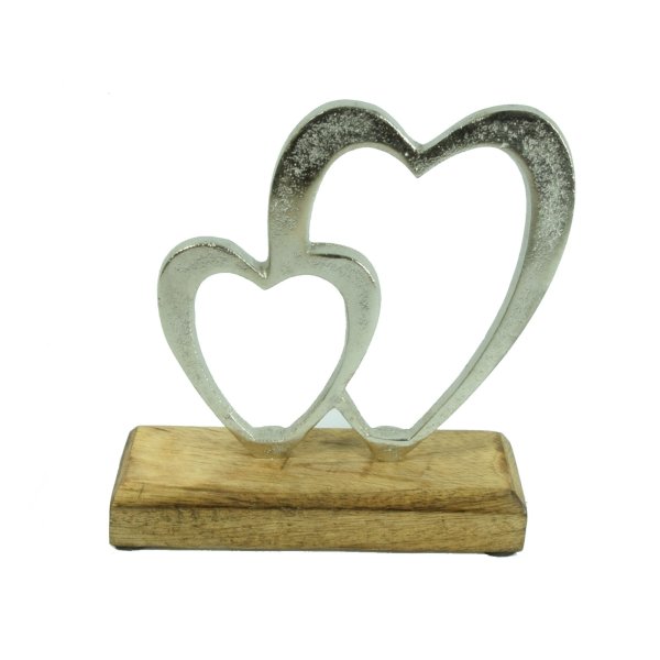 Aluherzen auf Sockel Herz auf Sockel Holz Metall Höhe 16 cm Doppelherz silber