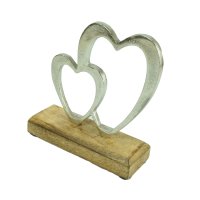 Aluherzen auf Sockel Herz auf Sockel Holz Metall Höhe 16 cm Doppelherz silber