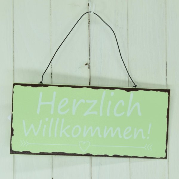 Blechschild Herzlich Willkommen grün Hängeschild Türschild Schild Vintage 20 x 9