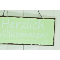 Blechschild Herzlich Willkommen grün Hängeschild Türschild Schild Vintage 20 x 9
