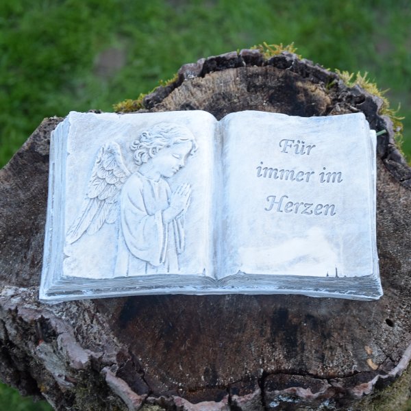 Grabschmuck Buch Engel Gedenkstein Grabdeko Für immer im Herzen 19 x 10 cm